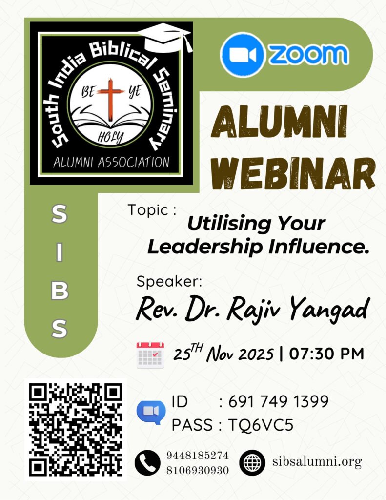 SIBS Alumni Webinar poster announcing the topic “Utilising Your Leadership Influence” with speaker Rev. Dr. Rajiv Yangad on 25th November 2025 at 7:30 PM.