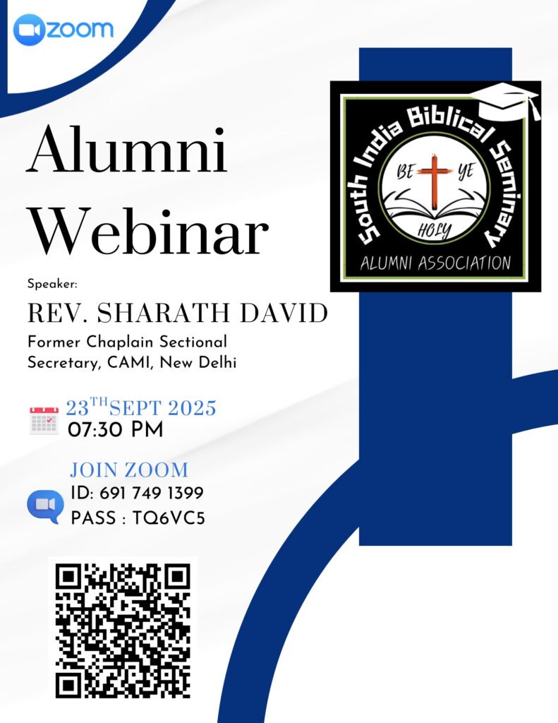 SIBS Alumni Webinar poster featuring Rev. Sharath David, taking place on 23rd September 2025 at 7:30 PM.